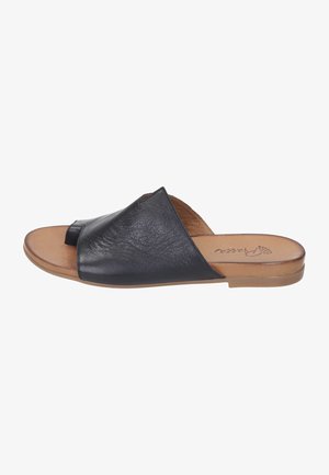 Black leather slide sandals with an open toe, curved design, and beige sole. Features a textured upper and branding on the insole.