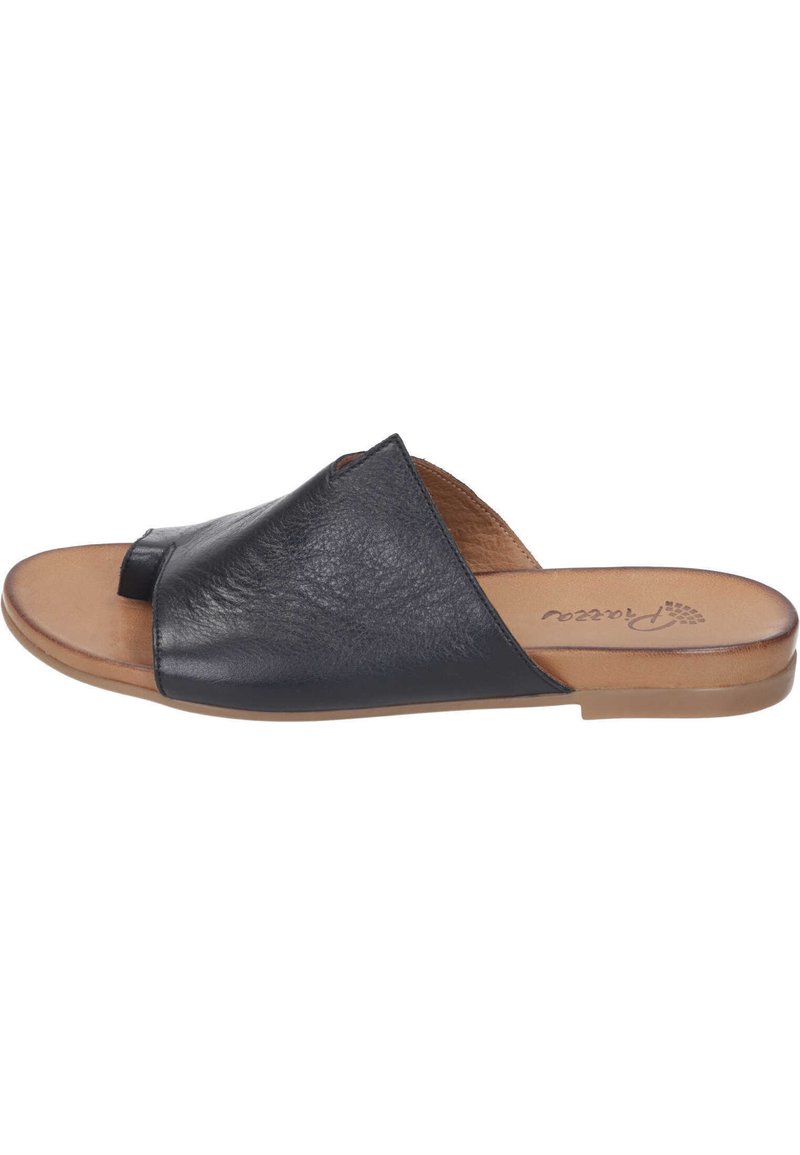 Black leather slide sandals with an open toe, curved design, and beige sole. Features a textured upper and branding on the insole.