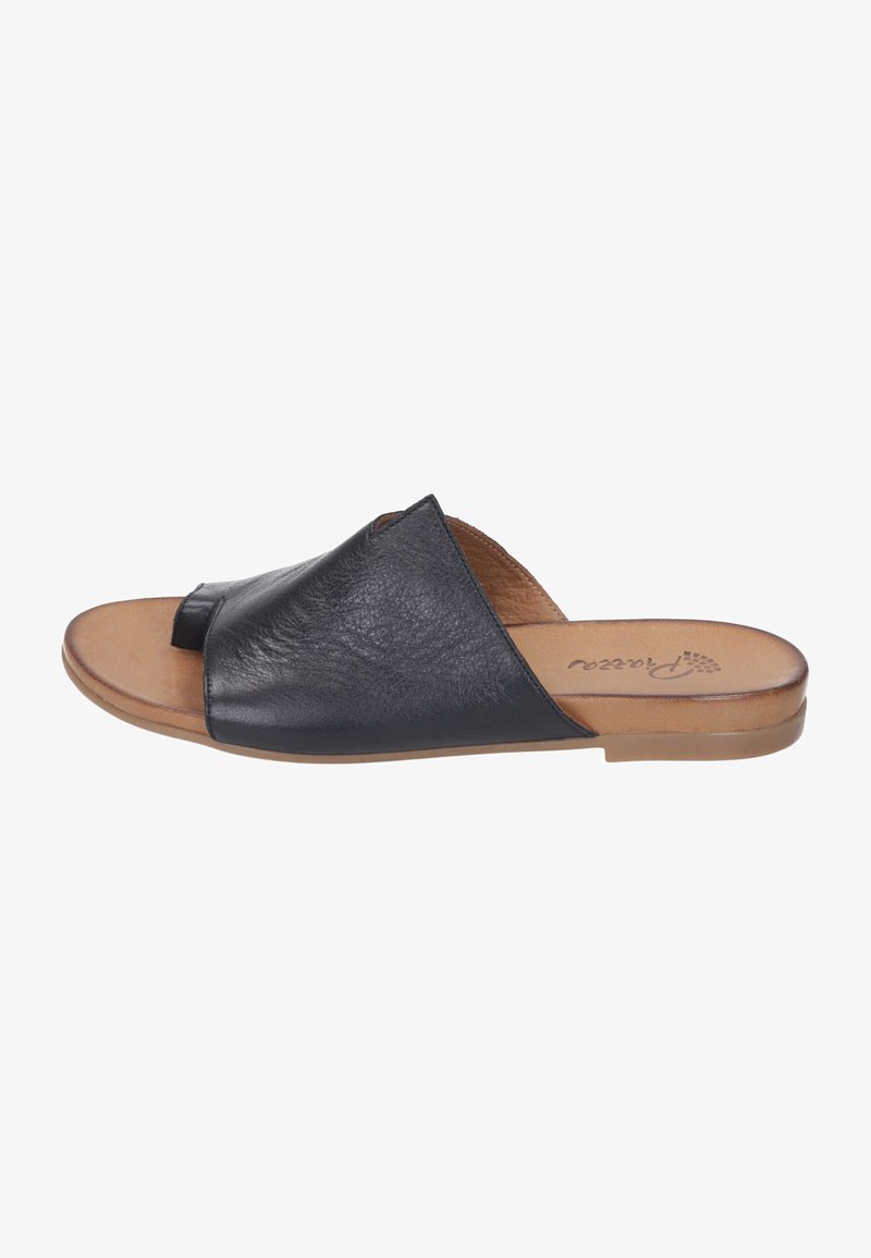 Black leather slide sandals with an open toe, curved design, and beige sole. Features a textured upper and branding on the insole.