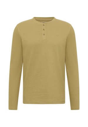 Men’s olive green long-sleeve henley shirt with three buttons and a small embroidered logo on the chest.