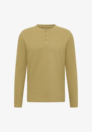 Men’s olive green long-sleeve henley shirt with three buttons and a small embroidered logo on the chest.