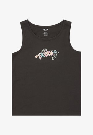 Camiseta sin mangas negra de algodón, con un colorido logo de "Roxy" en el pecho. Textura suave, escote redondo y diseño sin mangas.