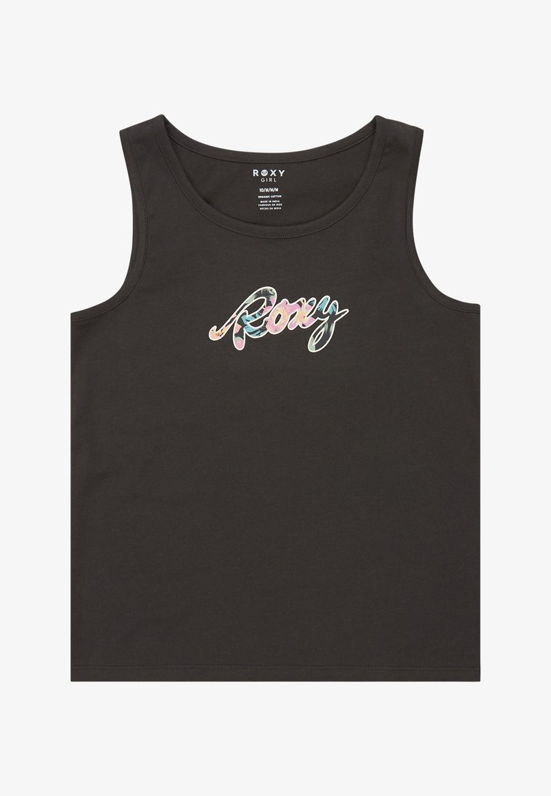 Černý top bez rukávů vyrobený z bavlny, s barevným logem "Roxy" na hrudi. Hladká textura, kulatý výstřih a bezrukávový design.