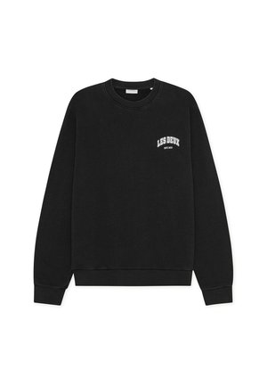 Sweat-shirt noir avec col rond, manches longues et petit logo blanc imprimé sur la poitrine. Tissu doux et texturé. Coupe classique.