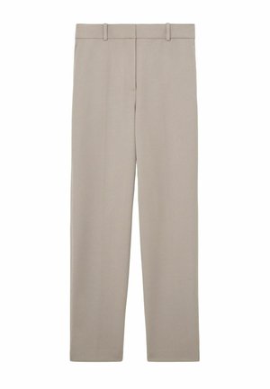 Pantaloni bej deschis, cu croială dreaptă, cu bucle pentru curea și închidere frontală cu fermoar, expuși pe un fundal alb.