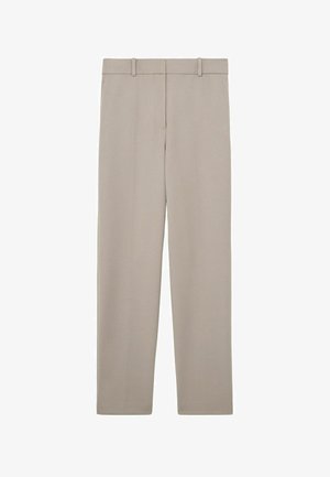 Lichtbeige rechte broek met riemlussen en een ritssluiting aan de voorkant, afgebeeld tegen een witte achtergrond.