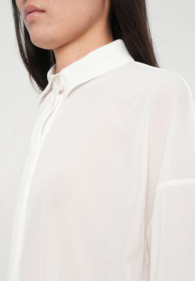 Blusa bianca trasparente con bottoni, colletto classico, texture morbida e design minimalista, dotata di una pattina nascosta e maniche lunghe.