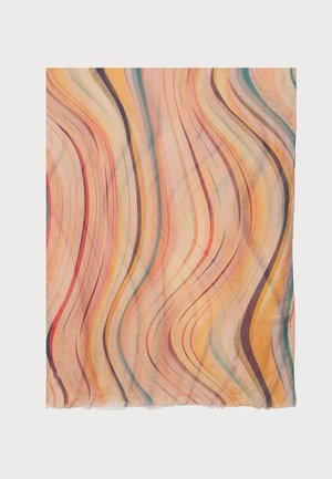 Colorful lightweight fabric with swirling lines in shades of pink, orange, blue, and purple. Soft texture with frayed edges.