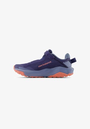 Purple athletic shoe with mesh upper and rubber sole. Features a blue accent and orange logo. Adjustable strap for secure fit.