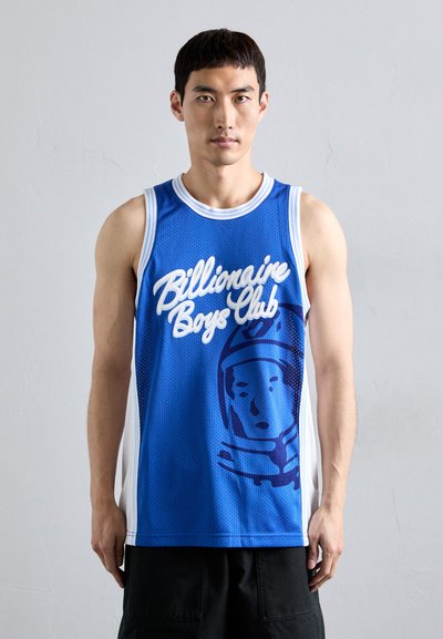 Blue mesh basketball jersey with white accents. Features a printed graphic and text "Billionaire Boys Club" on the front.