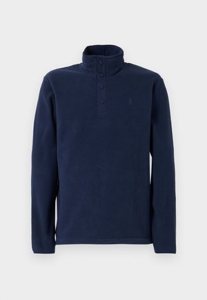 Marine fleece pullover met hoge kraag, voorzien van een knoopsluiting en een klein logo op de borst. Zachte textuur en lange mouwen.
