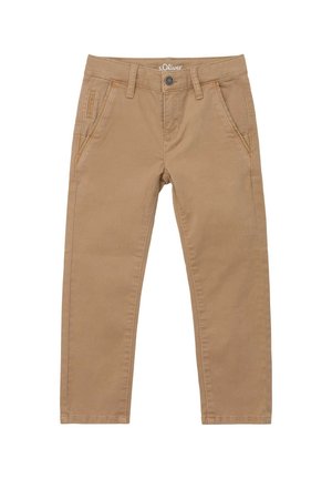 Beige bukser med lige ben, bæltestropper, forreste knap, lynlås, sidelommer og en lille møntlomme, lagt fladt.