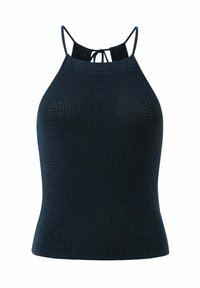 Navy Haltertop aus strukturiertem Strickstoff mit tailliertem Design. Verfügt über dünne Träger und ein Bindeband am Rücken, geeignet für legere Anlässe.
