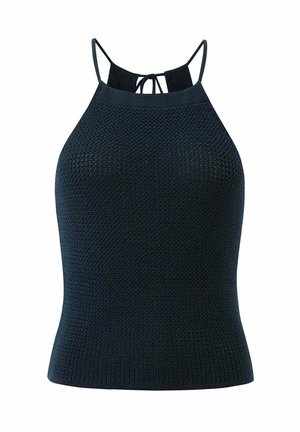 Navy halter top in textured knit fabric with a fitted design. Features thin straps and a back tie detail, suitable for casual wear.