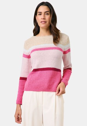 Strickpullover mit horizontalen Streifen in den Farbtönen Pink, Creme und Burgunderrot. Rundhals und lange Ärmel mit gerippten Bündchen.