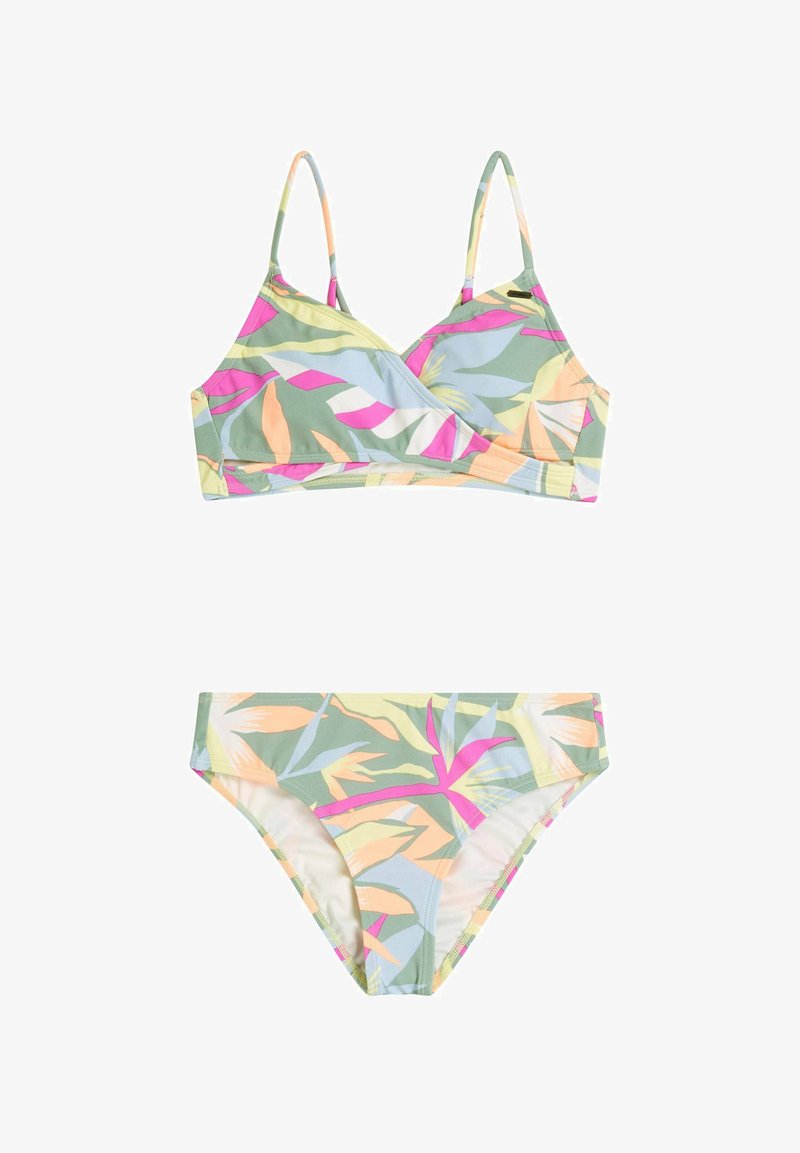 Komplet bikini z zgornjim delom kratke dolžine in spodnjim delom iz lahkega blaga s tropskim vzorcem listov v zeleni, roza in pastelnih barvah.