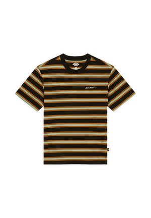 Schwarz-olivgrün gestreiftes T-Shirt mit orangefarbenen Akzenten, das ein kleines "Dickies"-Logo auf der Brust trägt. Lässiger Stil, kurze Ärmel.