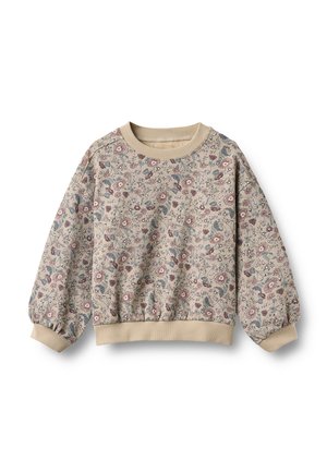 Beiger Langarm-Sweatshirt mit gerippten Bündchen und Saum, bedeckt mit einem kleinen Blumenmuster in gedämpften Rosa-, Lila- und Grüntönen.