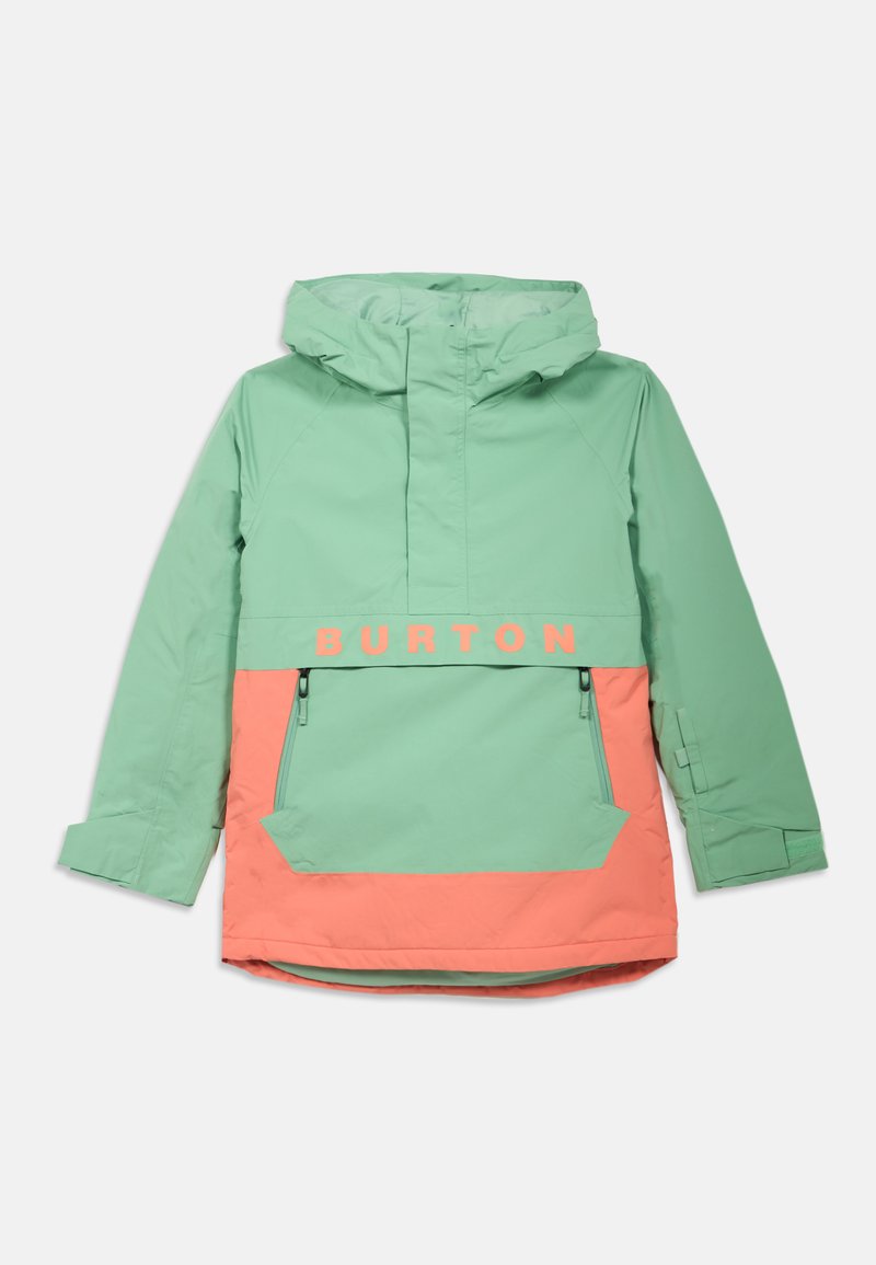 Giacca leggera color verde menta e corallo a blocchi di colore, con cappuccio, tasche frontali e la scritta "BURTON" in caratteri grandi.