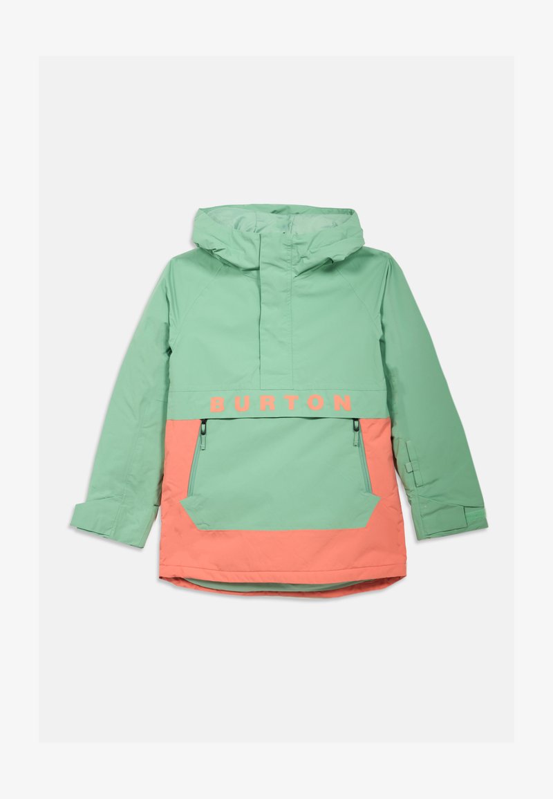 Lightweight, mint green and coral color-blocked jacket, featuring a hood, front pockets, and the text "BURTON" in bold lettering.