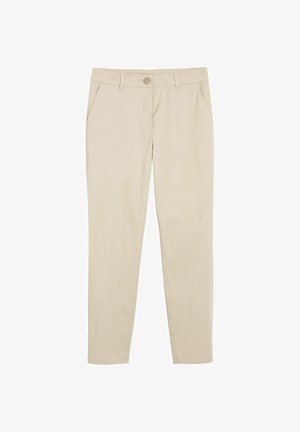 Beige Hose mit geradem Bein, Frontknopf, Reißverschluss, Gürtelschlaufen und Seitentaschen, flach auf weißem Hintergrund liegend.