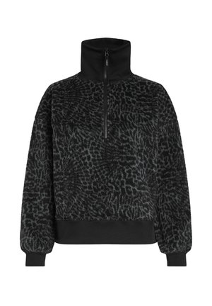 Pull en polaire noir texturé avec un col haut et une demi-fermeture éclair, doté de poignets et d'un ourlet côtelés pour un ajustement parfait.