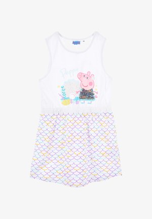 Robe sans manches blanche ornée d'un graphique de Peppa Pig, avec un design de robe pailleté bleu et un motif en dentelle pastel dans les tons violet, jaune et bleu.