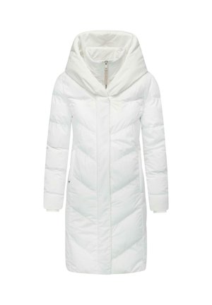 Pitkä valkoinen tikattu talvitakki, jossa on korkea toppattu kaulus ja piilotettu etuvetoketju, suunniteltu kylmiin sääolosuhteisiin.