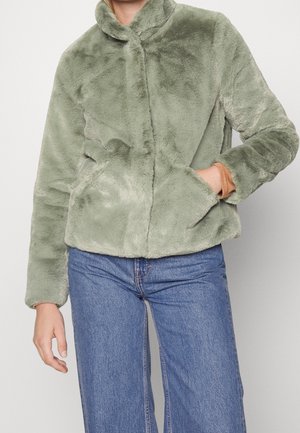 Personne portant une veste en fausse fourrure pelucheuse vert clair avec poches avant et jean en denim bleu, une main dans la poche, recadrée au niveau du cou et de la taille.
