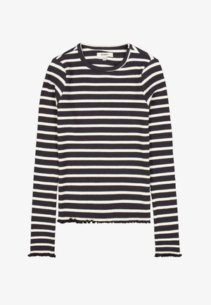 Top de manga larga a rayas en azul marino y blanco, textura acanalada, escote redondo, dobladillo deshilachado, con rayas horizontales estrechas.