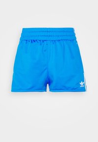 Blå sportshorts med elastisk midjeband, vita ränder längs sidorna och en liten vit Adidas-logotyp på nedre vänstra sidan.