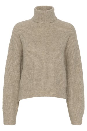 Beige knitted turtleneck sweater with a ribbed texture, drop shoulders, and a cropped hem. Soft, lightweight material.