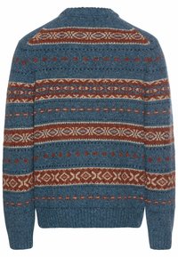 Knitted sweater in blue, featuring intricate patterns of red and cream stripes. Ribbed neckline and cuffs, textured wool material.