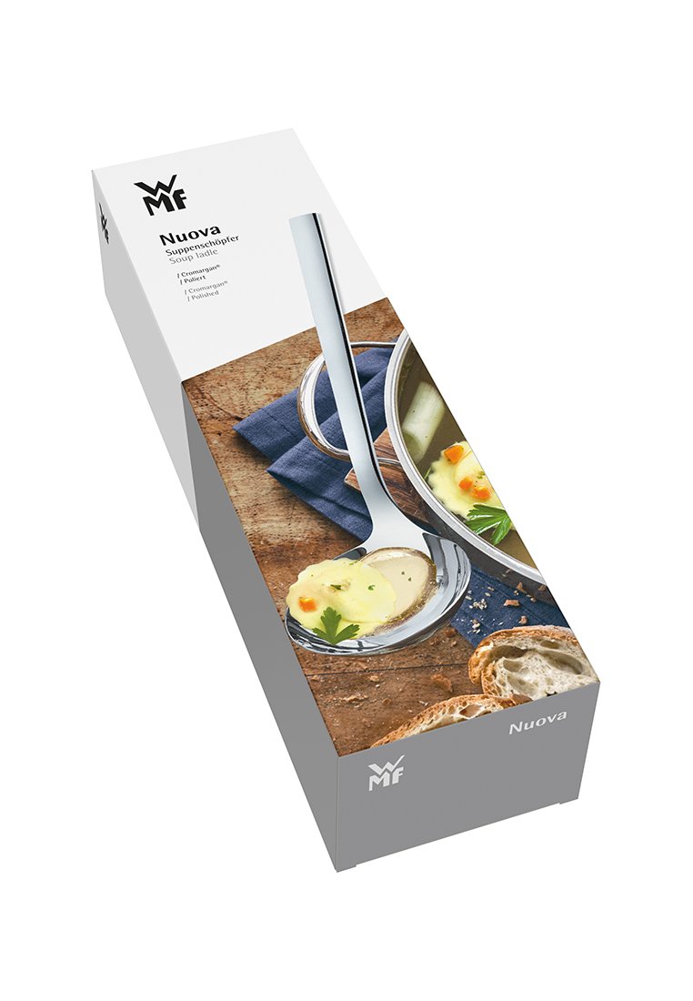 Polerowana stal nierdzewna łyżka do zupy, wydłużony uchwyt, z głęboką miseczką. Zapakowana w prostokątnym pudełku z obrazkami przepisów.