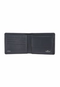 Portefeuille bifold en cuir noir ouvert montrant quatre emplacements pour cartes à gauche et une poche à monnaie avec rabat à droite, marqué RFID sécurisé et logo de la marque.