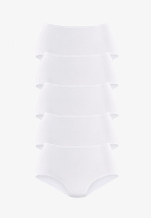 Vijf paar witte katoenen slips met een gladde textuur, volledige dekking en elastische taillebanden. Geen patronen of extra details.