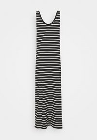 Mustat ja valkoiset raidalliset maxi-mekko, jossa on pyöreä kaula-aukko, valmistettu pehmeästä, joustavasta kankaasta, jossa on muotoiltu yläosa ja väljä hame.