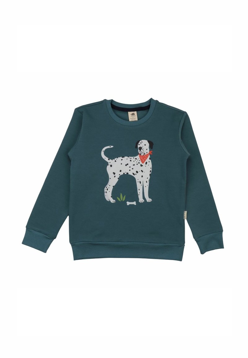 Sweat-shirt à manches longues sarcelle avec un dalmatien blanc portant un bandana rouge imprimé sur le devant, accompagné d'un petit os et d'herbe.