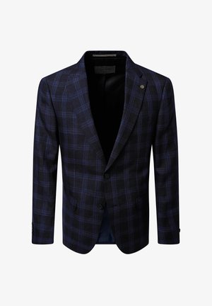 Donkerblauwe en zwarte geruite maatjas voor mannen met inkeping revers en twee knopen aan de voorkant.