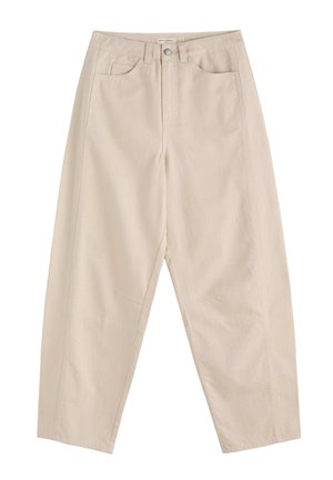 Beige, hoch taillierte Baumwollhose mit zwei Fronttaschen, Knopfverschluss und lässigem, geradem Bein.