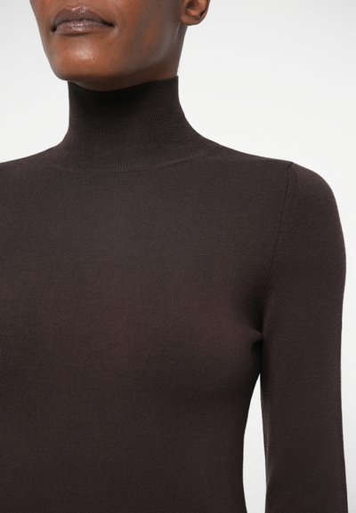 Rjav pulover s turtleneck ovratnikom, izdelan iz rebraste pletenine, z oprijetim dizajnom in dolgimi rokavi. Gladka tekstura z minimalnimi detajli.