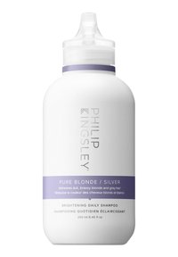 Weiße Plastikflasche mit lila Band, versehen mit grauem Text. Enthält 250 ml aufhellendes Shampoo für blonde und graue Haare.