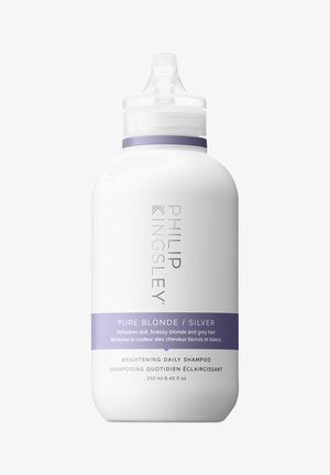 White plastic bottle with a purple band, featuring gray text. Contains 250 ml of brightening shampoo for blonde and grey hair.