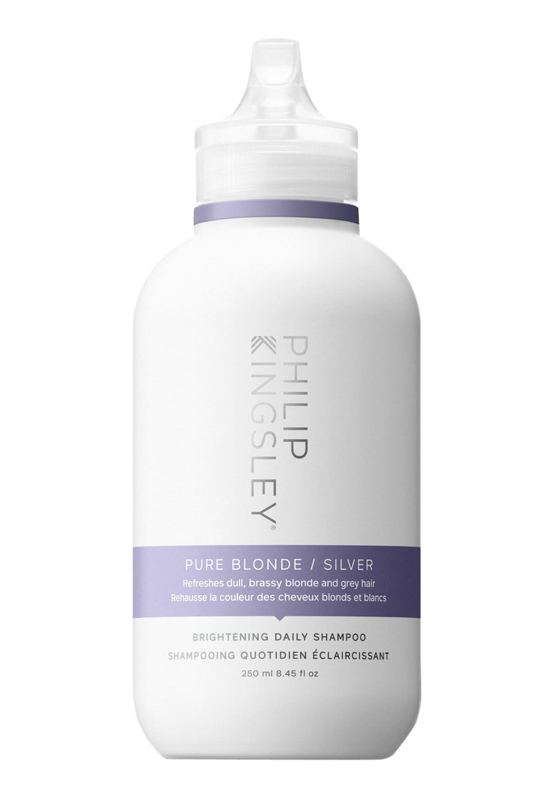 Weiße Plastikflasche mit lila Band, versehen mit grauem Text. Enthält 250 ml aufhellendes Shampoo für blonde und graue Haare.