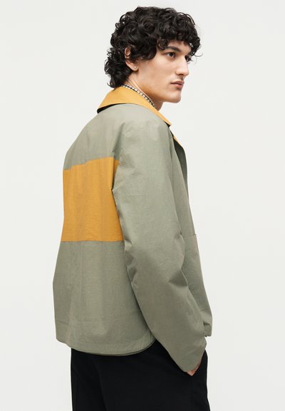 Νέος άνδρας με σγουρά μαλλιά που φοράει γκρι μπουφάν με ευρεία οριζόντια μουσταρδί ρίγα και γιακά, βλέπει πλαγίως σε απλό φόντο.