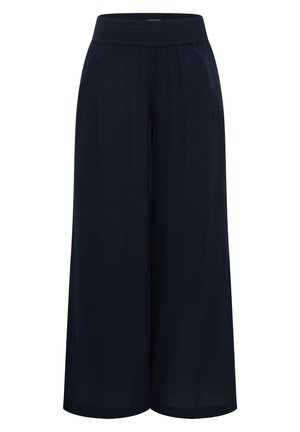 Niebieskie spodnie o szerokich nogawkach z elastycznym pasem, wykonane z lekkiego materiału, zaprojektowane z myślą o luźnym kroju.