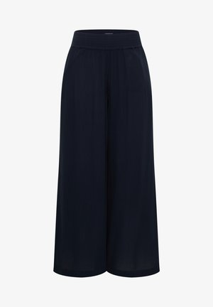 Pantalon bleu marine à jambes larges avec taille élastique, confectionné en tissu léger, conçu pour une coupe décontractée.