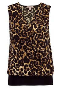 Haut sans manches marron avec un motif léopard, doté d'une coupe portefeuille et d'un ourlet noir en bas. Tissu doux avec une texture lisse.
