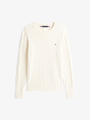 Cremfarbener Kabelstrickpullover aus Baumwolle. Mit rundem Halsausschnitt und gerippten Bündchen und Saum. Kleines Logo auf der Brust.