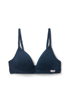 Dunkelblauer Triangel-BH mit verstellbaren Trägern, glattem Stoff und weichen Cups. Mit einem kleinen Markenetikett an der Seite.